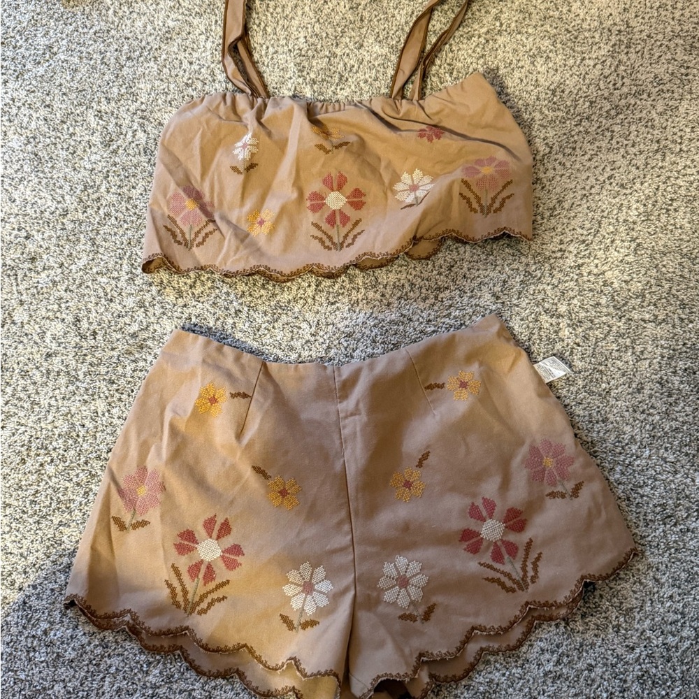 Floral Embroidered Brown Sleepwear Set